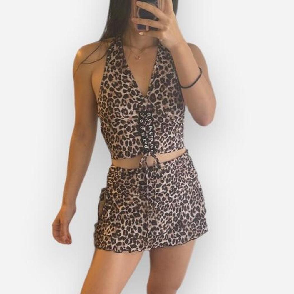 Amazon Y2K leopard halter neck tops and skirt matching set size S